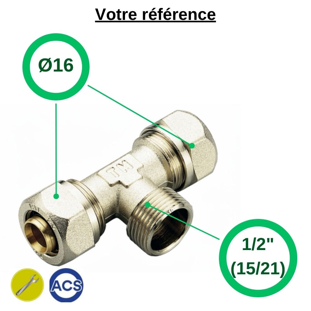 Té multicouche à compression Ø16 et centre mâle 1/2'' (15/21) - Tiemme
