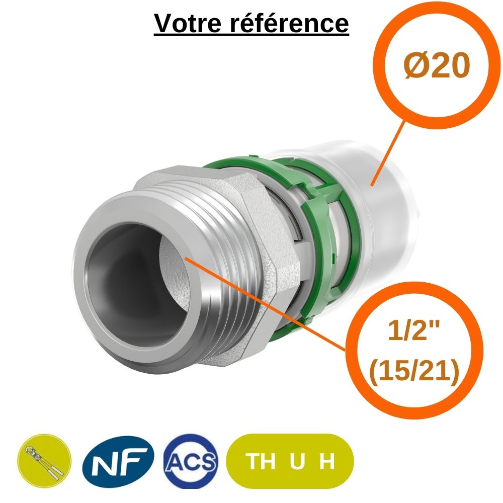 Raccord multicouche droit à sertir Ø20 - mâle 1/2'' (15/21) - Comap