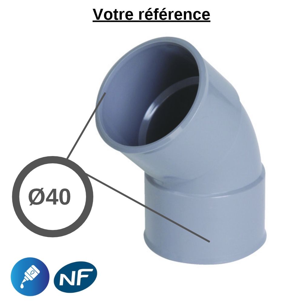 Coude PVC 45° à coller, Ø40 - double femelle, pour évacuation - Nicoll