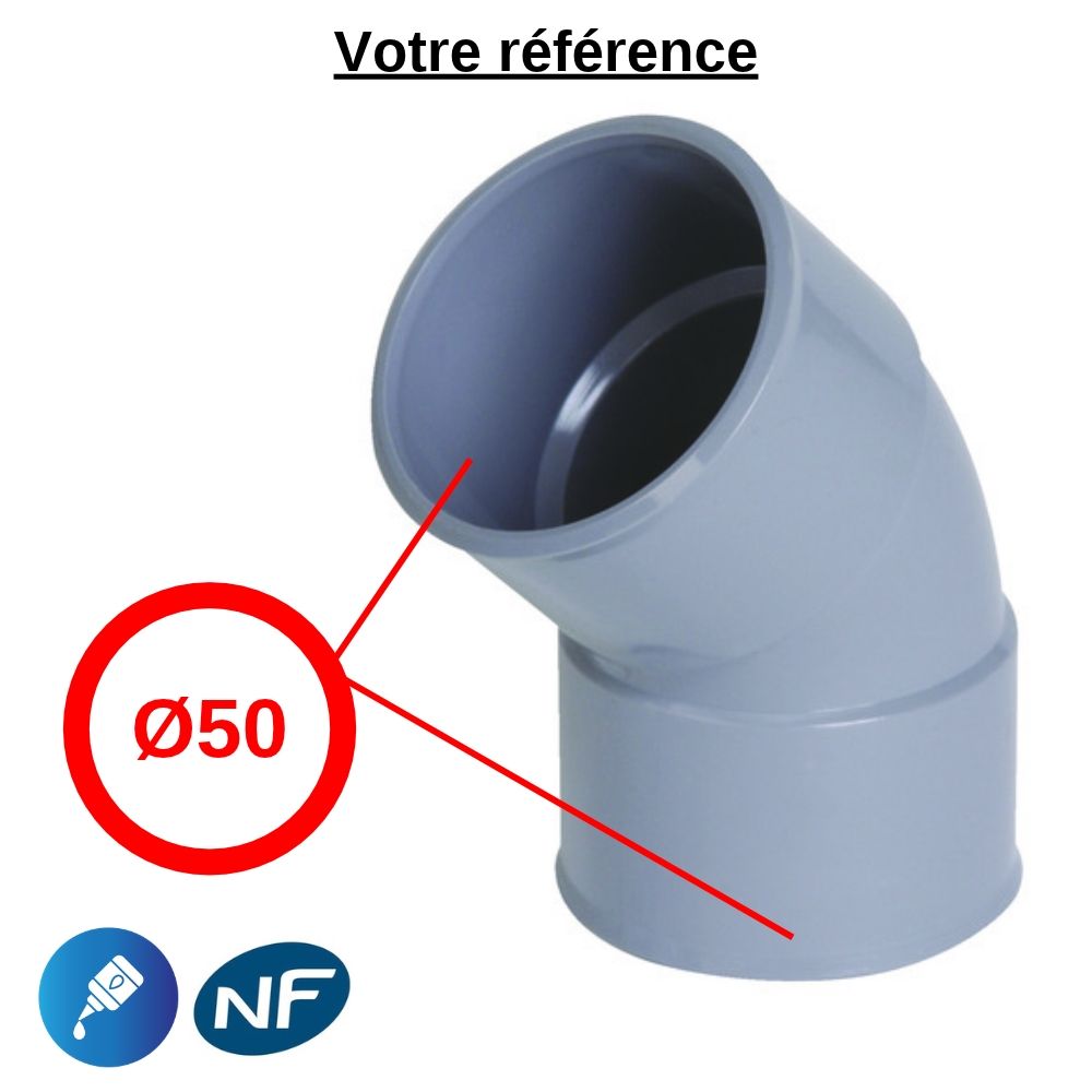 Coude PVC 45° à coller, Ø50 - double femelle, pour évacuation - Nicoll