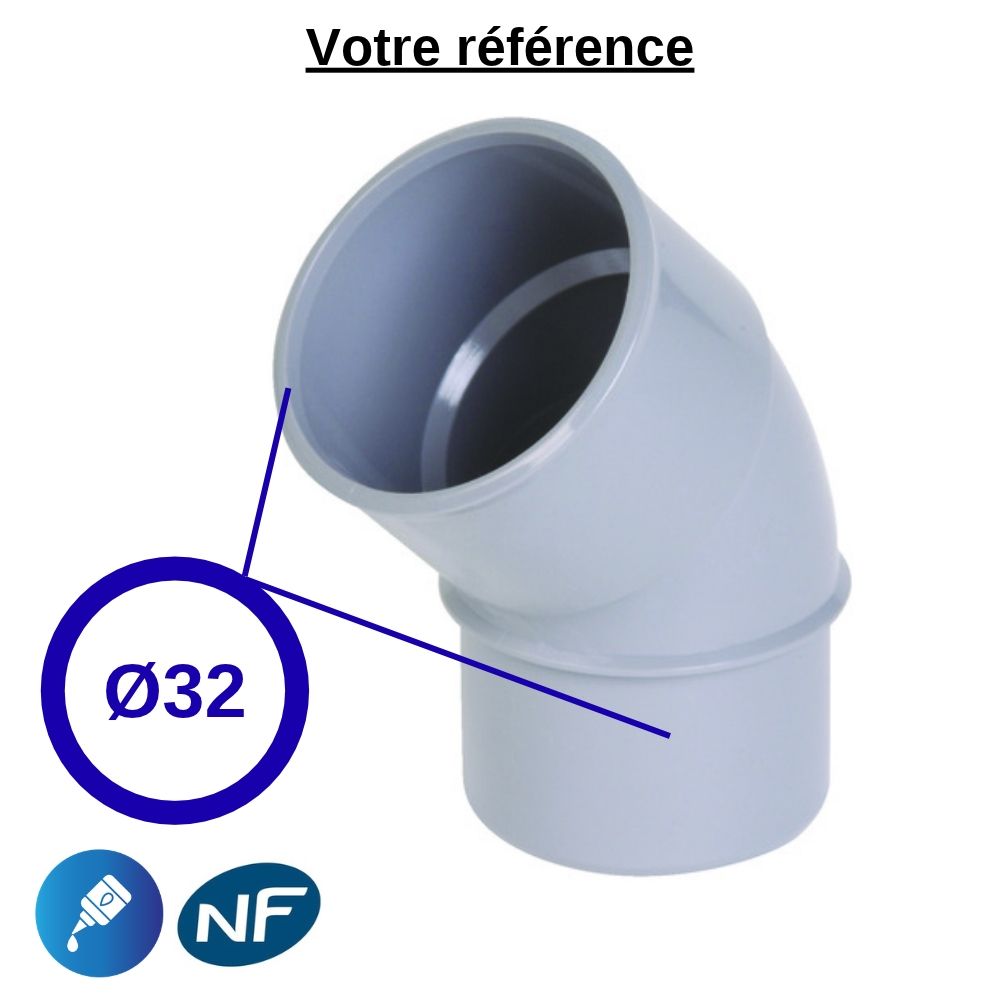 Coude PVC 45° à coller, Ø32 - mâle-femelle, pour évacuation - Nicoll