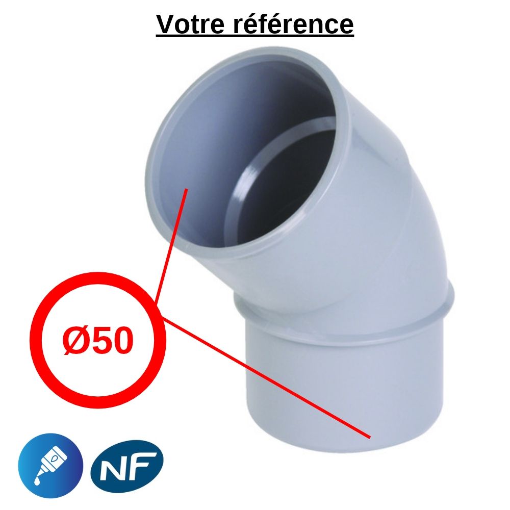 Coude PVC 45° à coller, Ø50 - mâle-femelle, pour évacuation - Nicoll