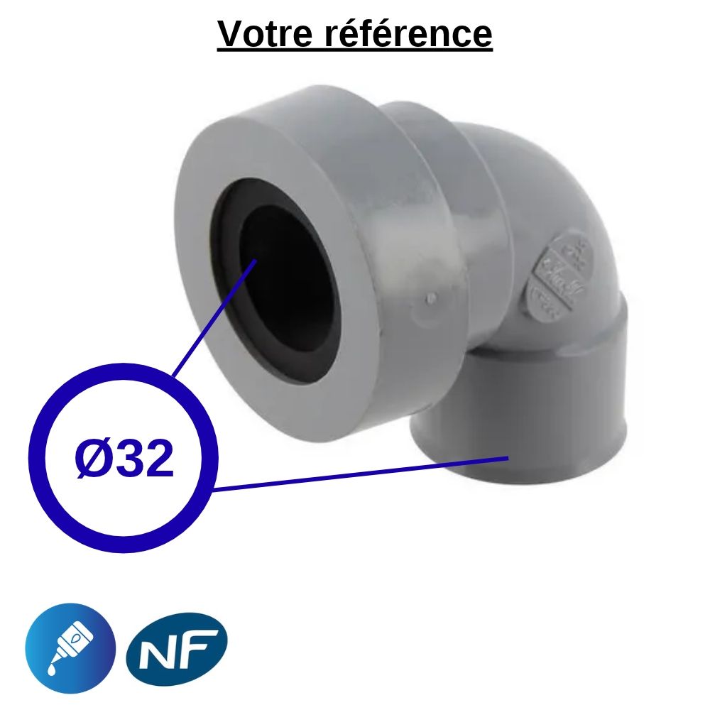 Coude PVC 87°30 à joint, Ø32 - double femelle, pour sortie d'appareil sanitaire - Système J, Nicoll