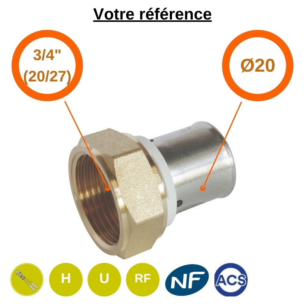 Raccord PER droit à sertir Ø20 - écrou tournant femelle 3/4'' (20/27) - Somatherm