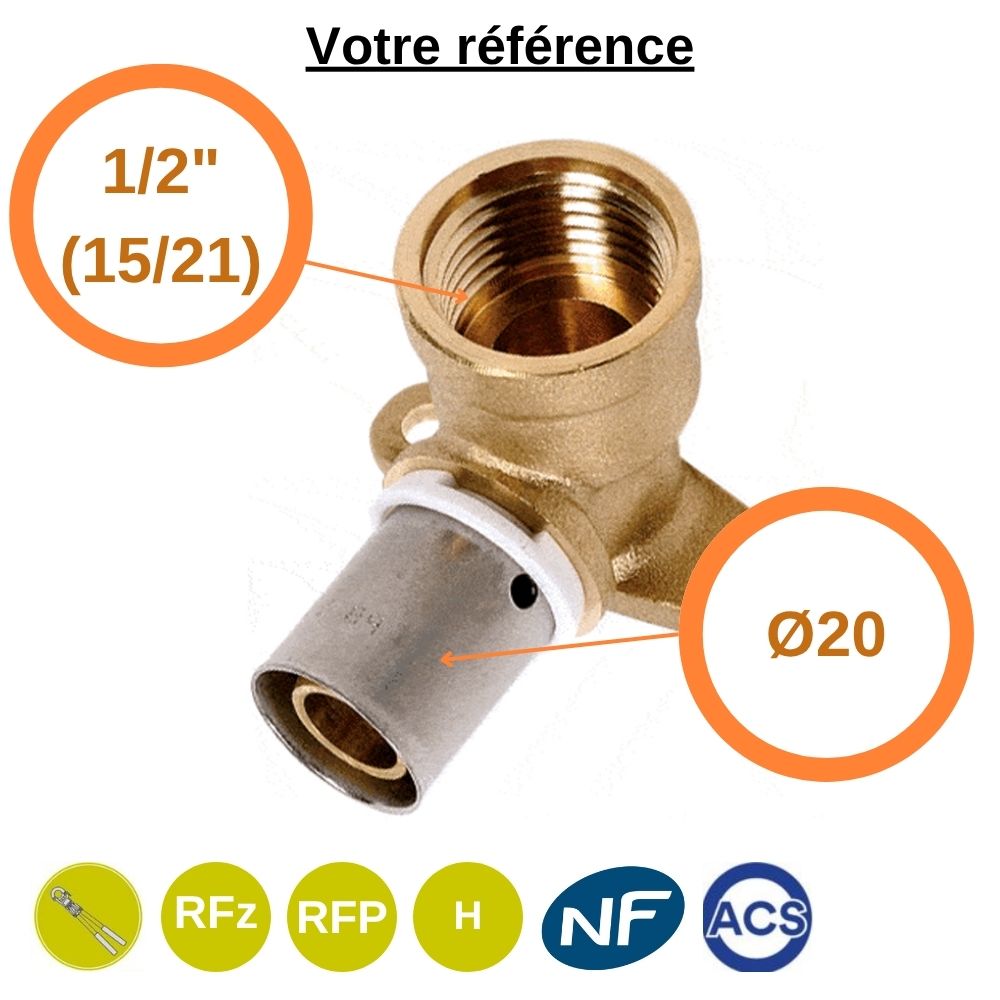 Coude applique PER à sertir Ø20 - femelle 1/2'' (15/21)