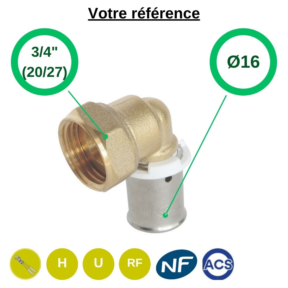 Coude femelle à sertir PER Ø16 - écrou tournant femelle 3/4'' (20/27) - Somatherm