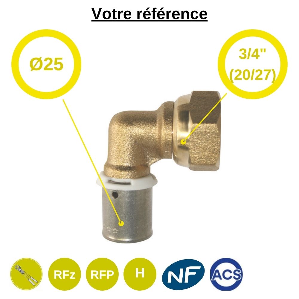 Coude femelle à sertir PER Ø25 - écrou tournant femelle 3/4'' (20/27)