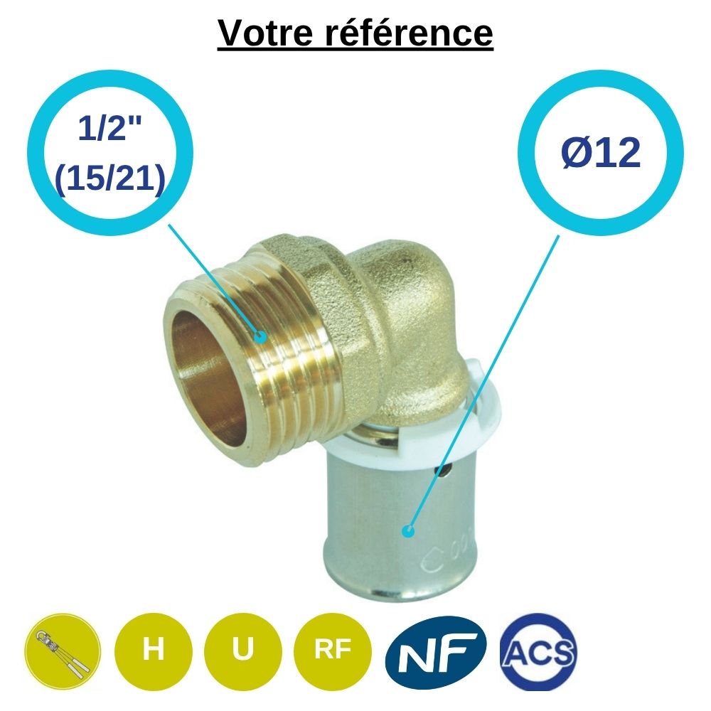 Coude mâle à sertir PER Ø12 - mâle 1/2'' (15/21) - Somatherm