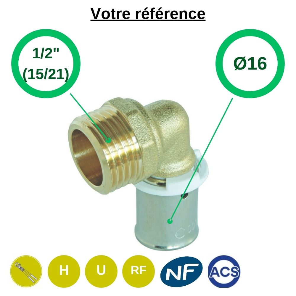 Coude mâle à sertir PER Ø16 - mâle 1/2'' (15/21) - Somatherm