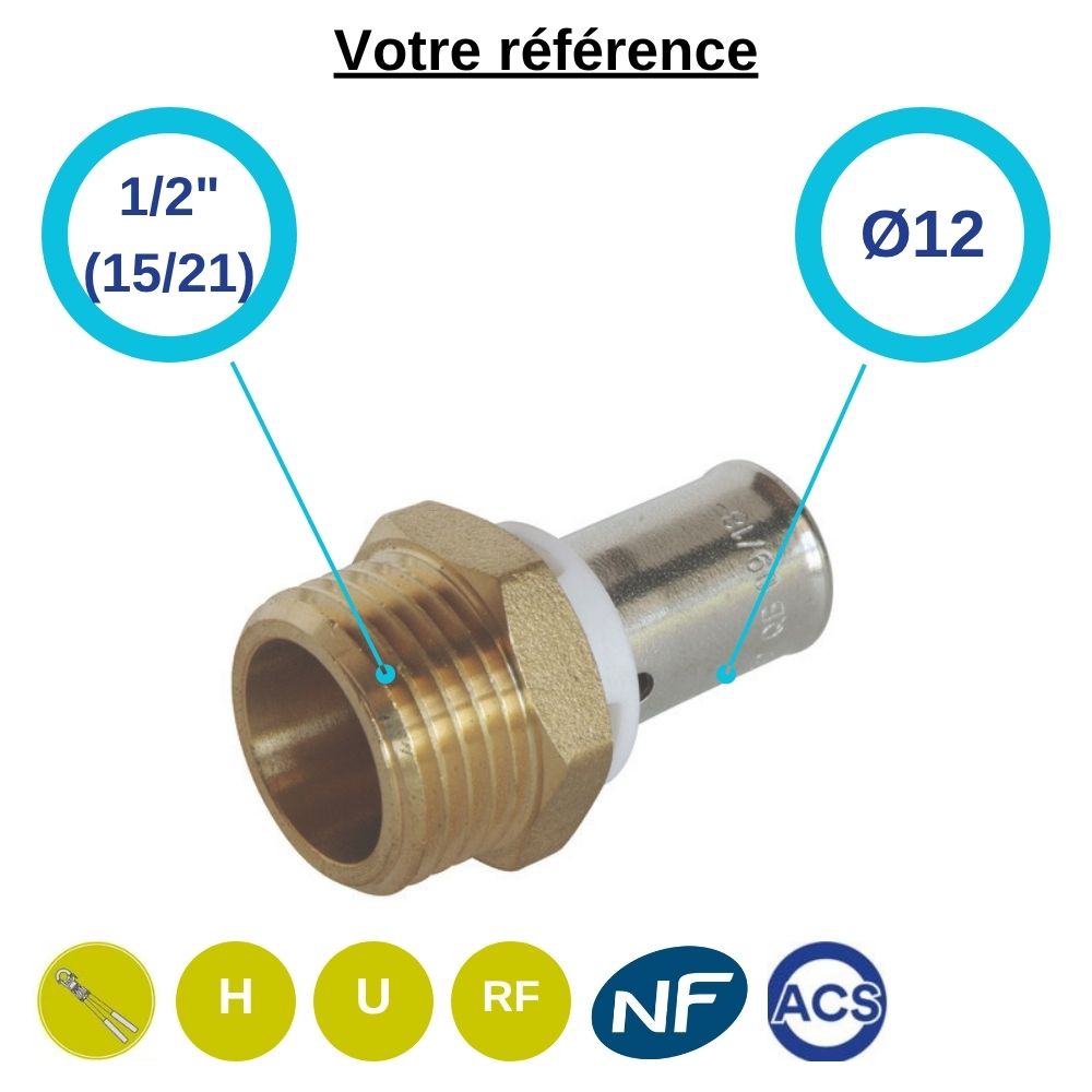 Raccord PER droit à sertir Ø12 - mâle 1/2'' (15/21) - Somatherm