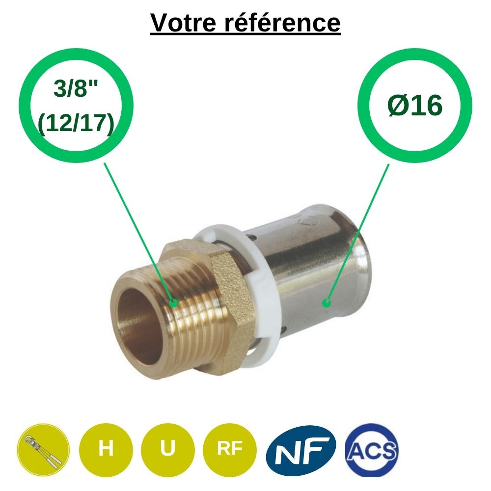 Raccord PER droit à sertir Ø16 - mâle 3/8'' (12/17) - Somatherm
