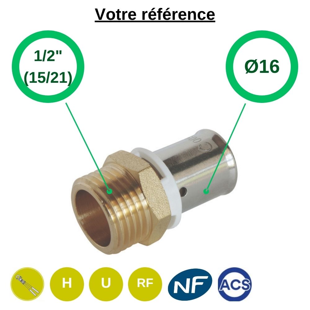 Raccord PER droit à sertir Ø16 - mâle 1/2'' (15/21) - Somatherm