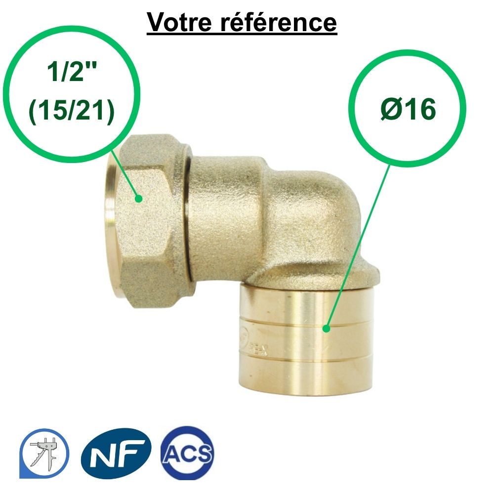 Coude femelle à glissement PER Ø16 - écrou tournant femelle 1/2'' (15/21) - Somatherm