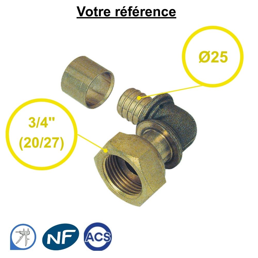 Coude femelle à glissement PER Ø25 - écrou tournant femelle 3/4''(20/27) - Somatherm
