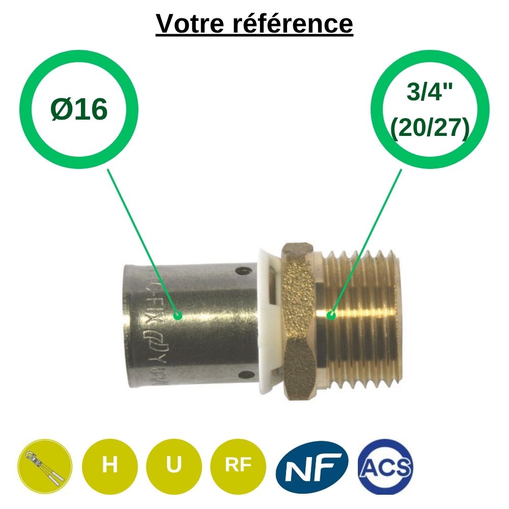 Raccord PER droit à sertir Ø16 - mâle 3/4'' (20/27) - Somatherm