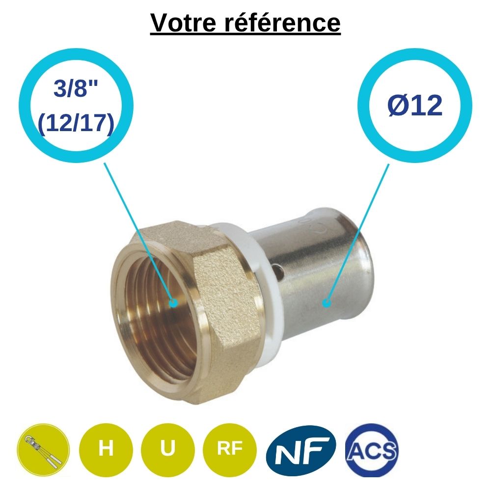 Raccord PER droit à sertir Ø12 - écrou tournant femelle 3/8'' (12/17) - Somatherm