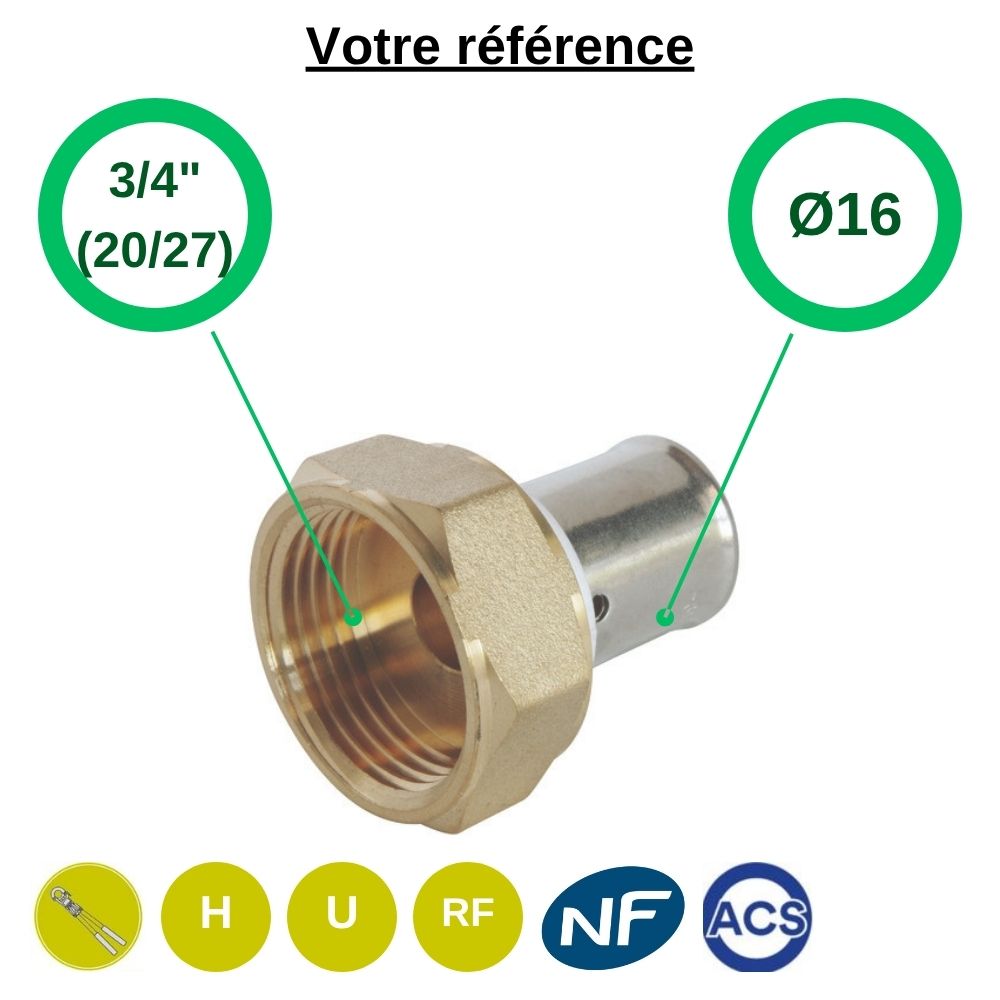 Raccord PER droit à sertir Ø16 - écrou tournant femelle 3/4'' (20/27) - Somatherm