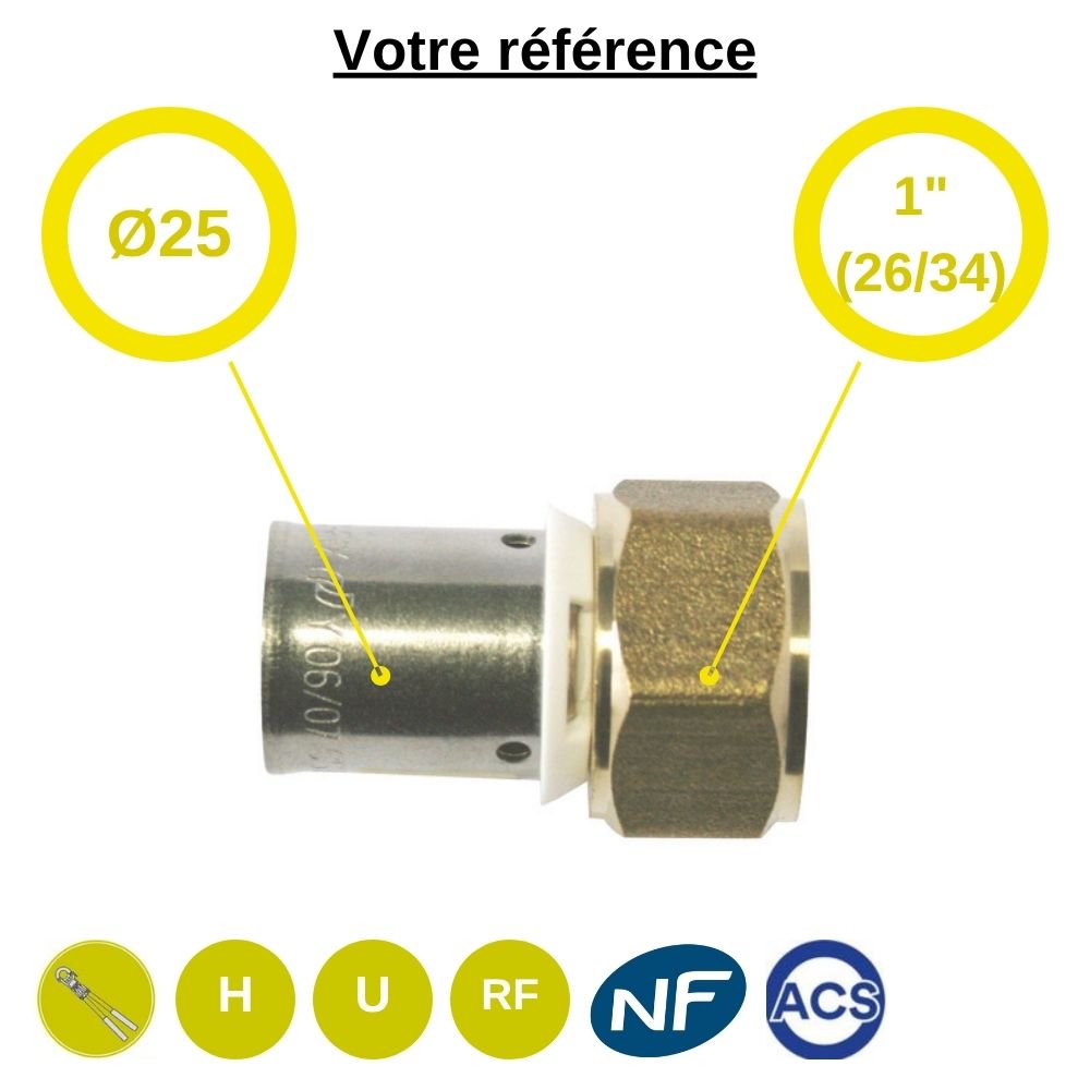Raccord PER droit à sertir Ø25 - écrou tournant femelle 1'' (26/34) - Somatherm