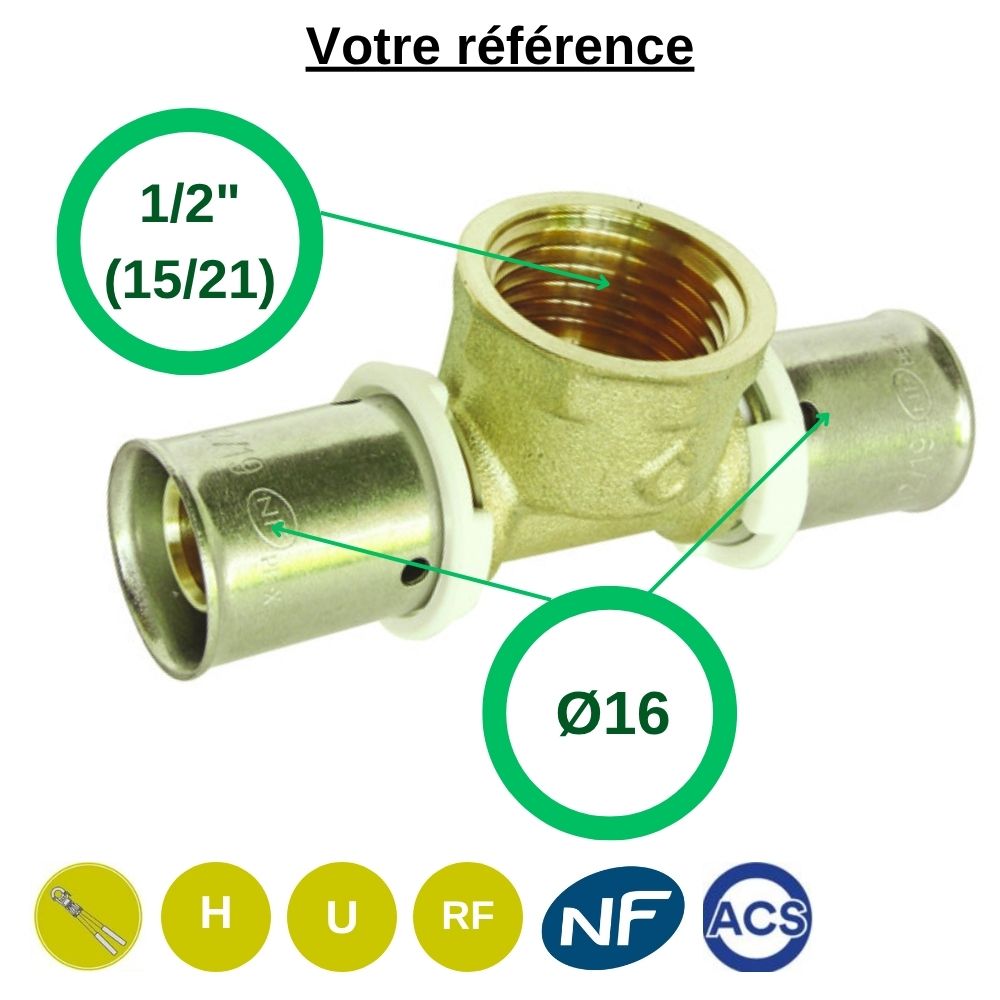 Té PER à sertir Ø16 et centre femelle 1/2'' (15/21) - Somatherm