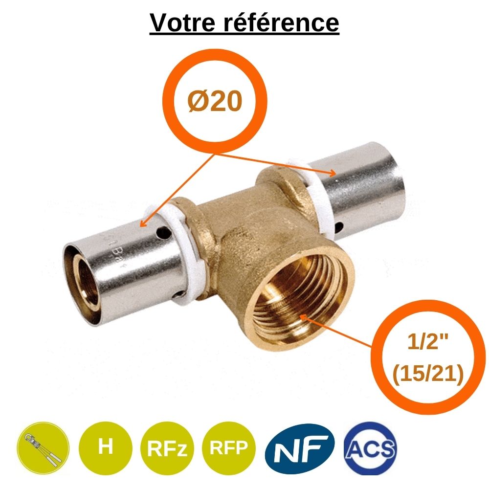 Té PER à sertir Ø20 et centre femelle 1/2'' (15/21)