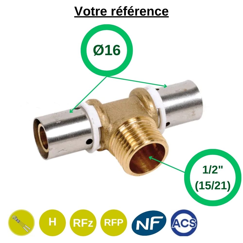 Té PER à sertir Ø16 et centre mâle 1/2'' (15/21)
