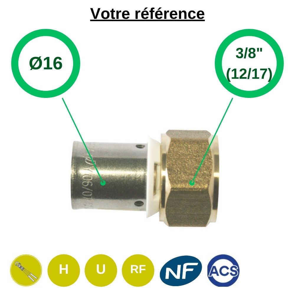 Raccord PER droit à sertir Ø16 - écrou tournant femelle 3/8'' (12/17) - Somatherm