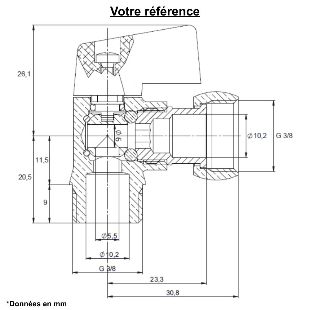 Robinet d'arrêt WC, équerre, mâle-écrou tournant femelle 3/8'' (12/17) - Sferaco