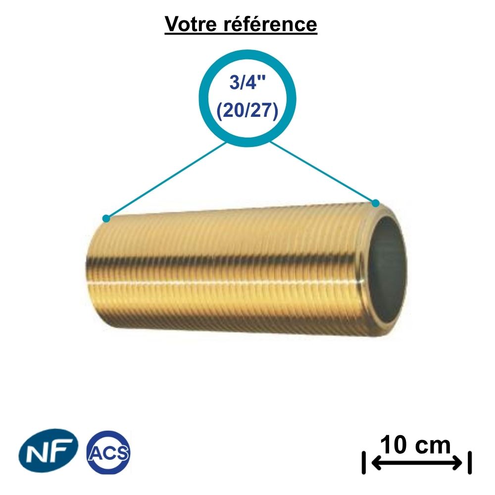 Tube laiton fileté double mâle 3/4'' (20/27) - longueur 10 cm - Somatherm