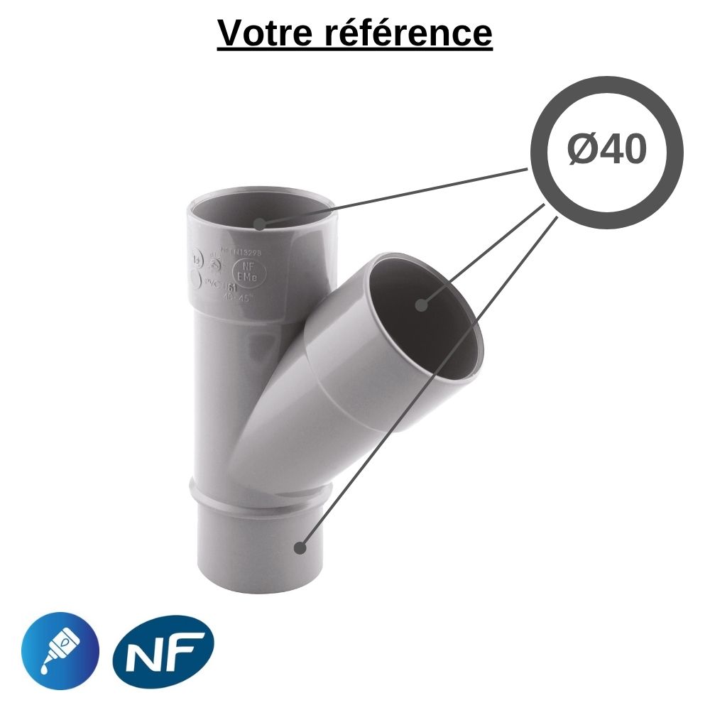 Culotte PVC 45° à coller, Ø40 - mâle-femelle-femelle, pour évacuation - Girpi