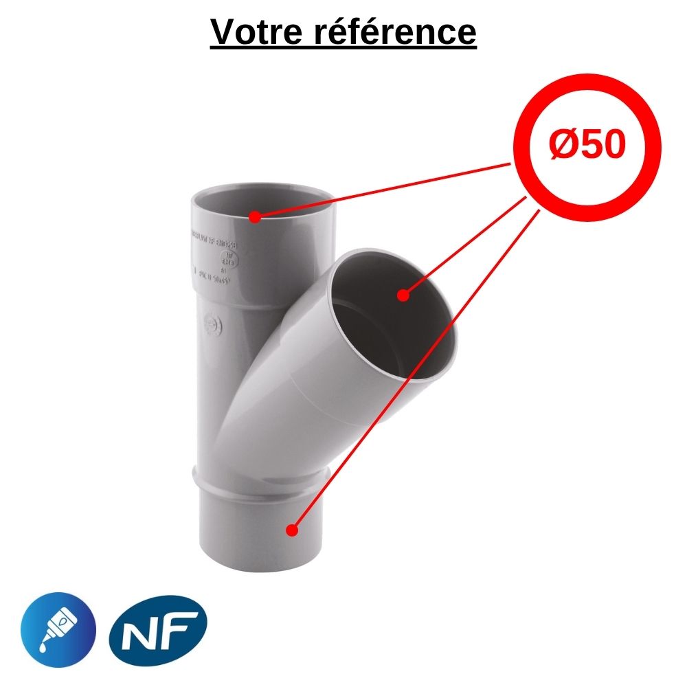 Culotte PVC 45° à coller, Ø50 - mâle-femelle-femelle, pour évacuation - Girpi