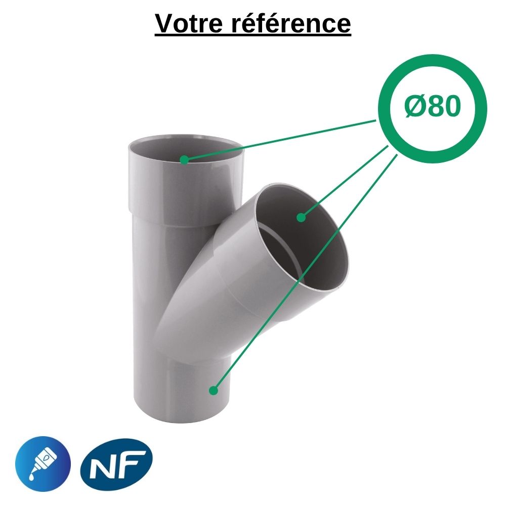 Culotte PVC 45° à coller, Ø80 - mâle-femelle-femelle, pour évacuation - Girpi