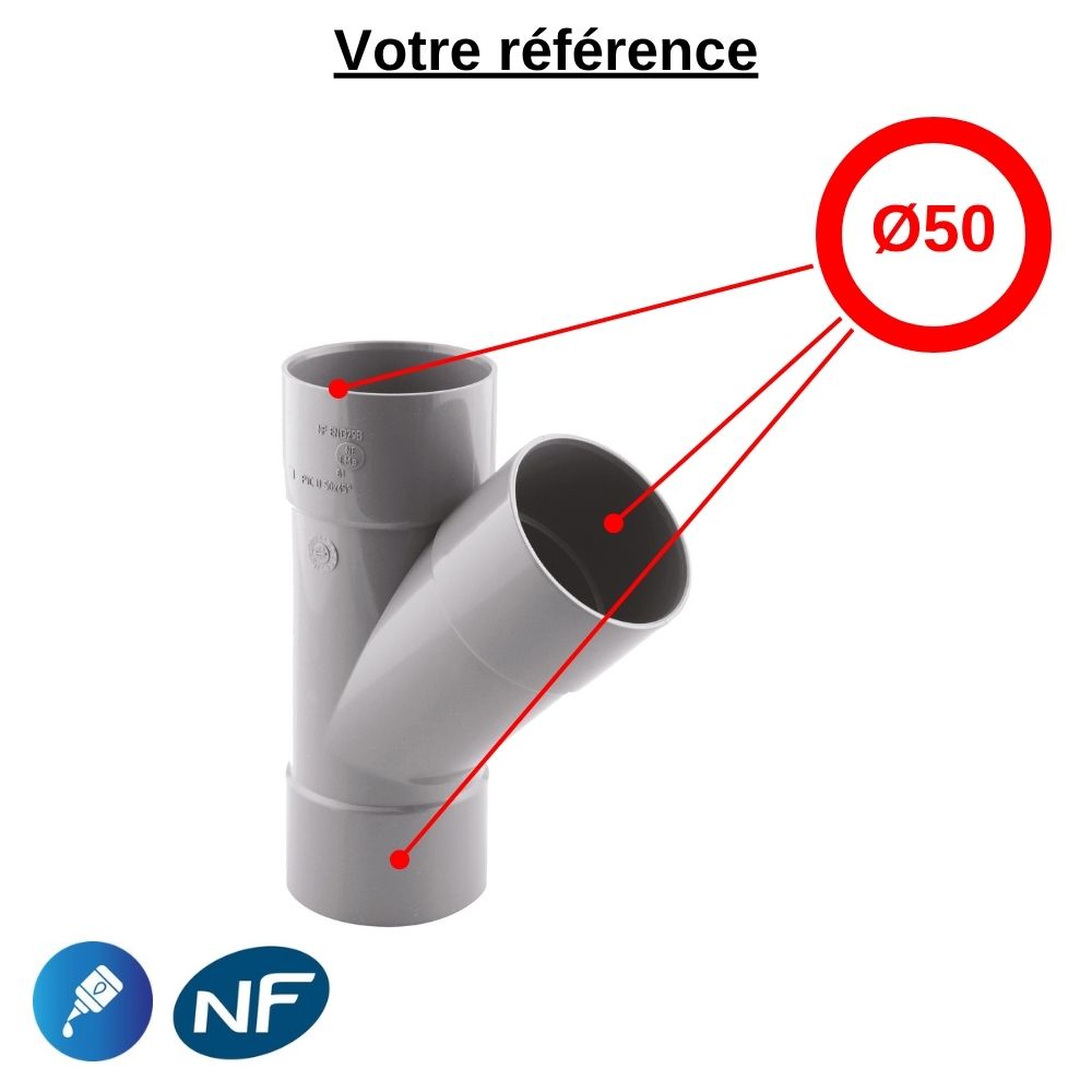 Culotte PVC 45° à coller, Ø50 - triple femelle, pour évacuation - Girpi