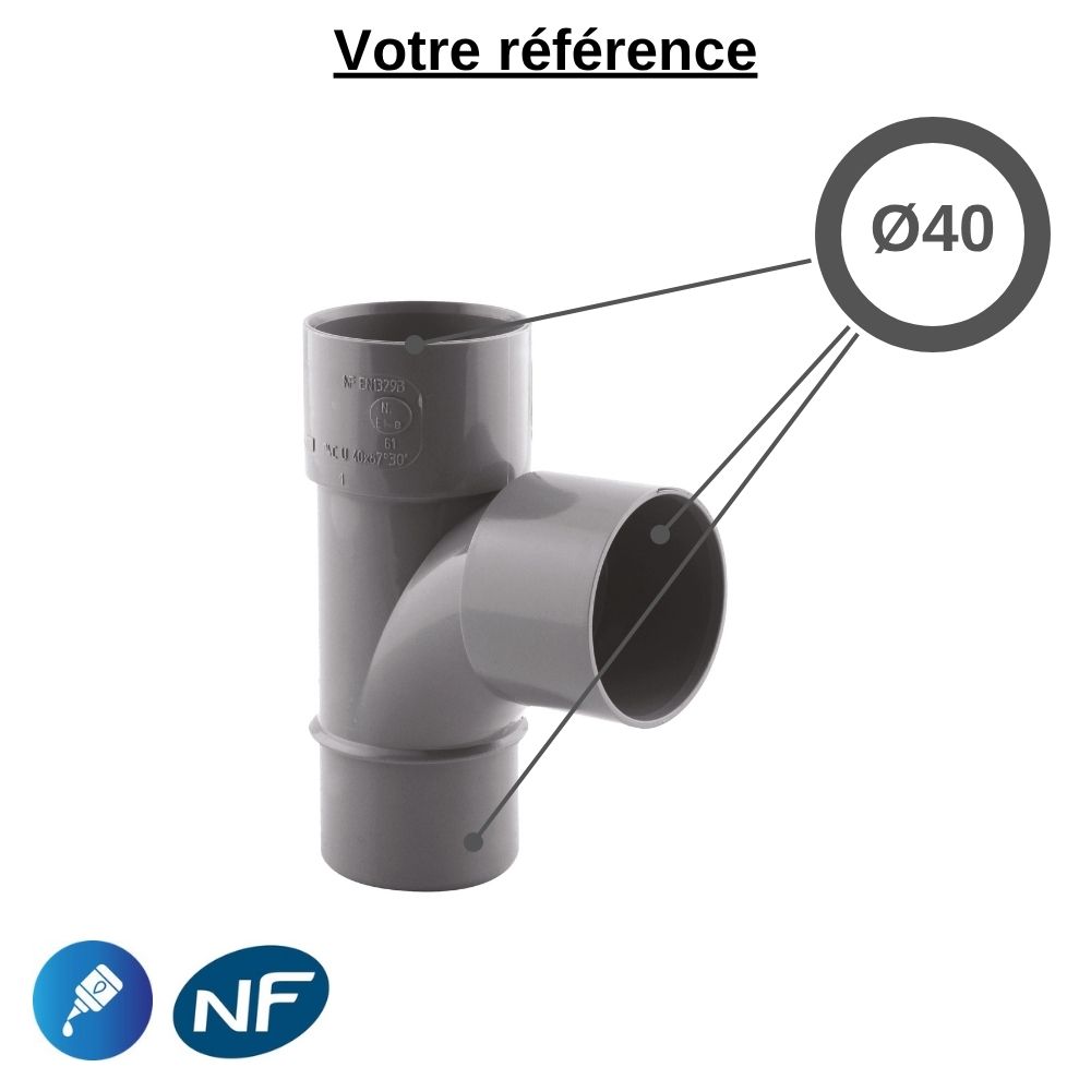 Té PVC 87°30 à coller, Ø40 - mâle-femelle-femelle, pour évacuation - Girpi