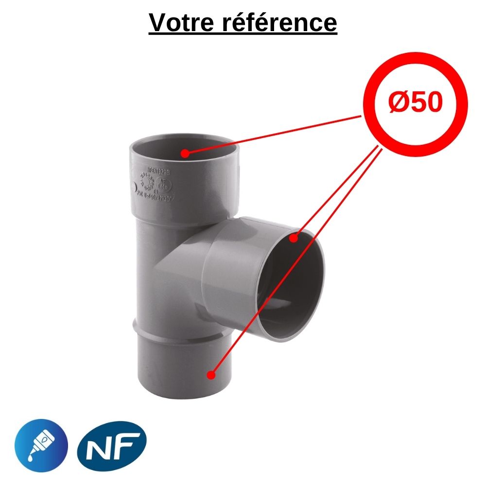 Té PVC 87°30 à coller, Ø50 - mâle-femelle-femelle, pour évacuation