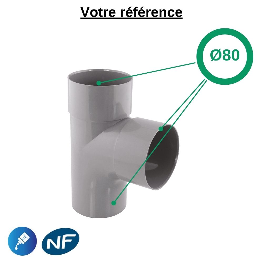 Té PVC 87°30 à coller, Ø80 - mâle-femelle-femelle, pour évacuation - Girpi