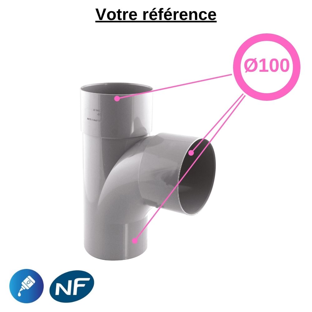 Té PVC 87°30 à coller, Ø100 - mâle-femelle-femelle, pour évacuation - Girpi