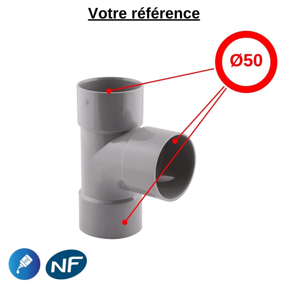 Té PVC 87°30 à coller, Ø50 - triple femelle, pour évacuation - Girpi