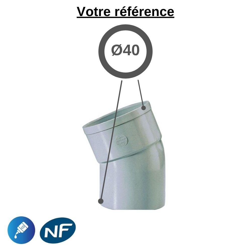 Coude PVC 22°30 à coller, Ø40 - mâle-femelle, pour évacuation - Girpi