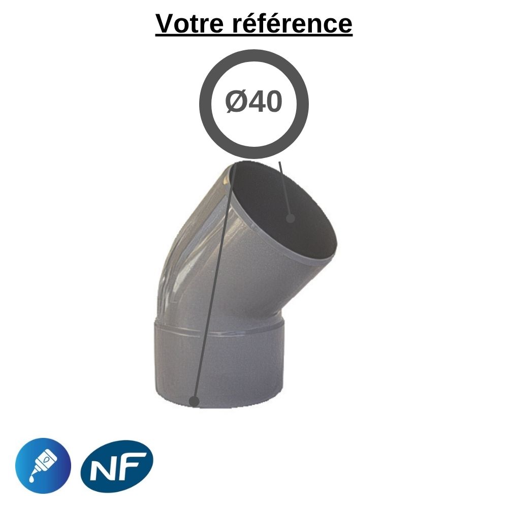 Coude PVC 45° à coller, Ø40 - mâle-femelle, pour évacuation - Girpi