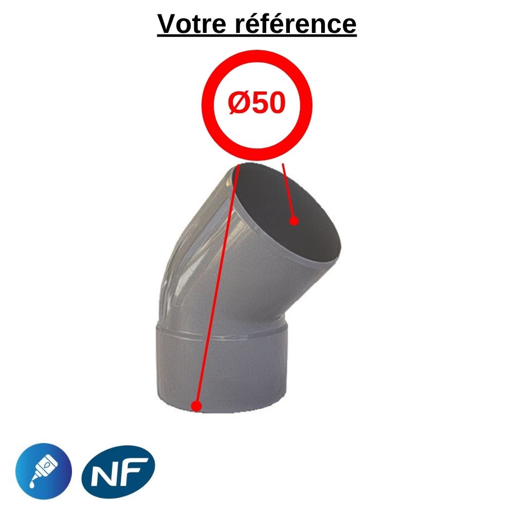 Coude PVC 45° à coller, Ø50 - mâle-femelle, pour évacuation - Girpi