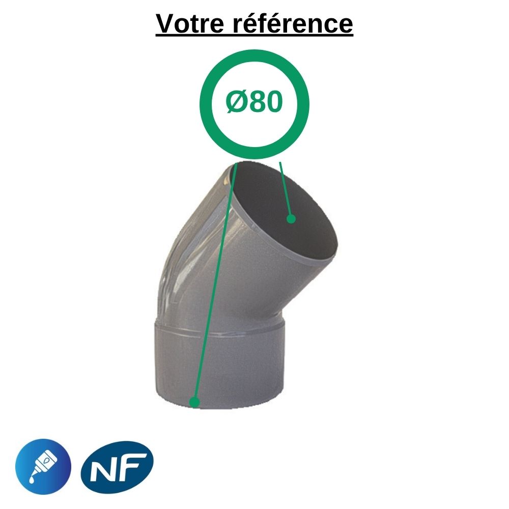 Coude PVC 45° à coller, Ø80 - mâle-femelle, pour évacuation - Girpi