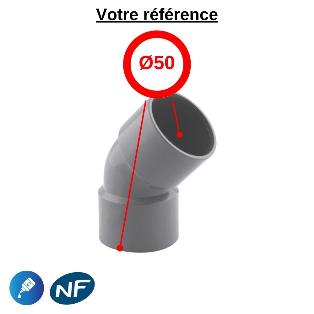 Coude PVC 45° à coller, Ø50 - double femelle, pour évacuation - Girpi
