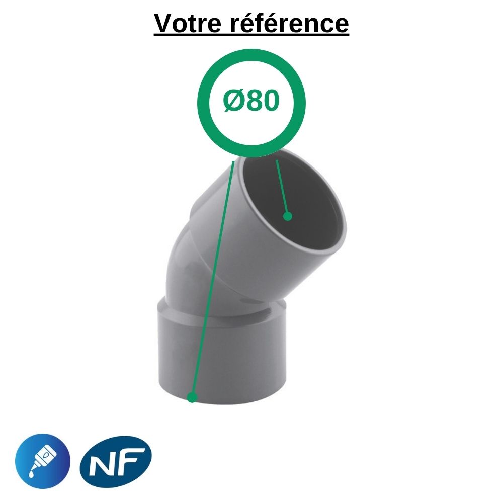 Coude PVC 45° à coller, Ø80 - double femelle, pour évacuation - Girpi
