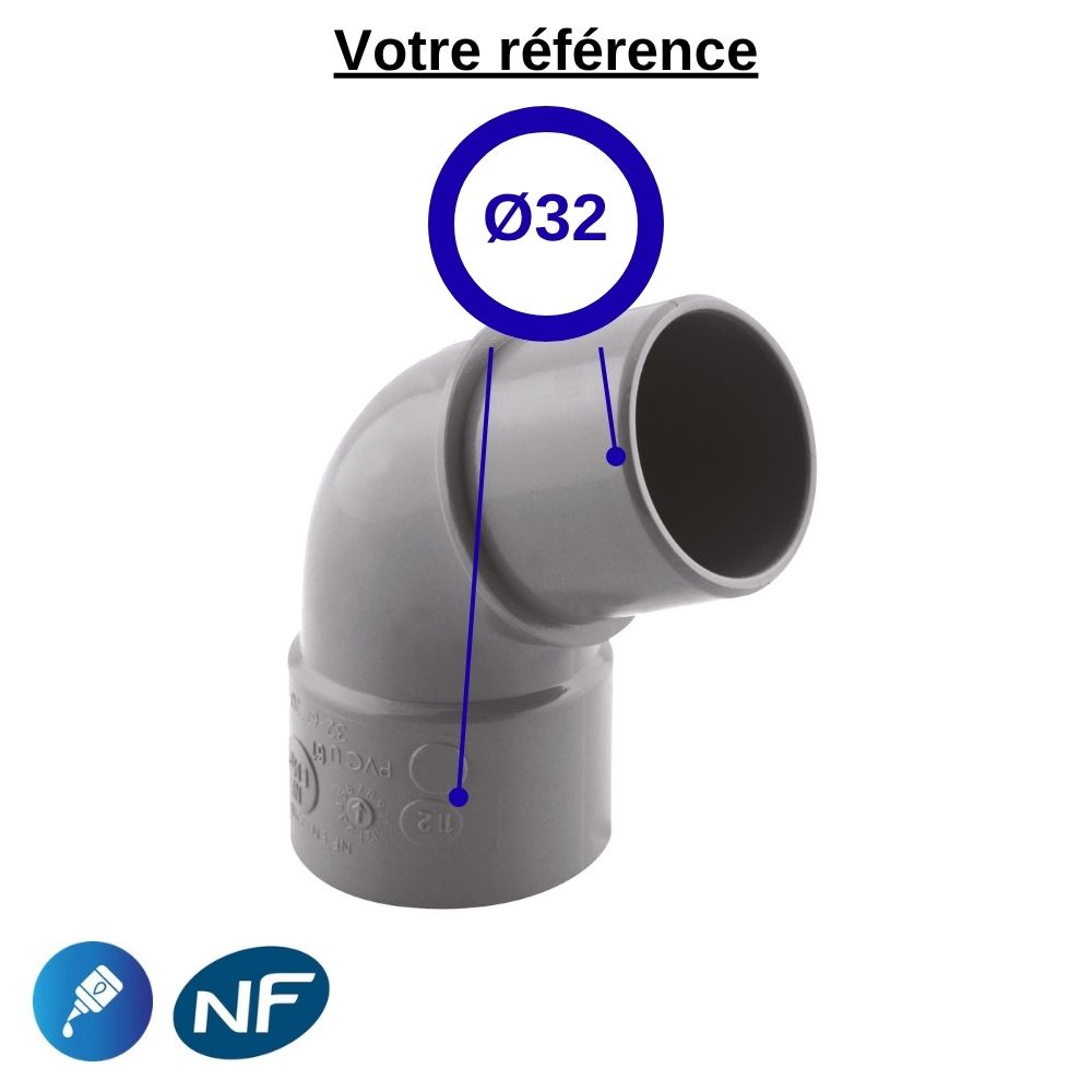 Coude PVC 67°30 à coller, Ø32 - mâle-femelle, pour évacuation - Girpi