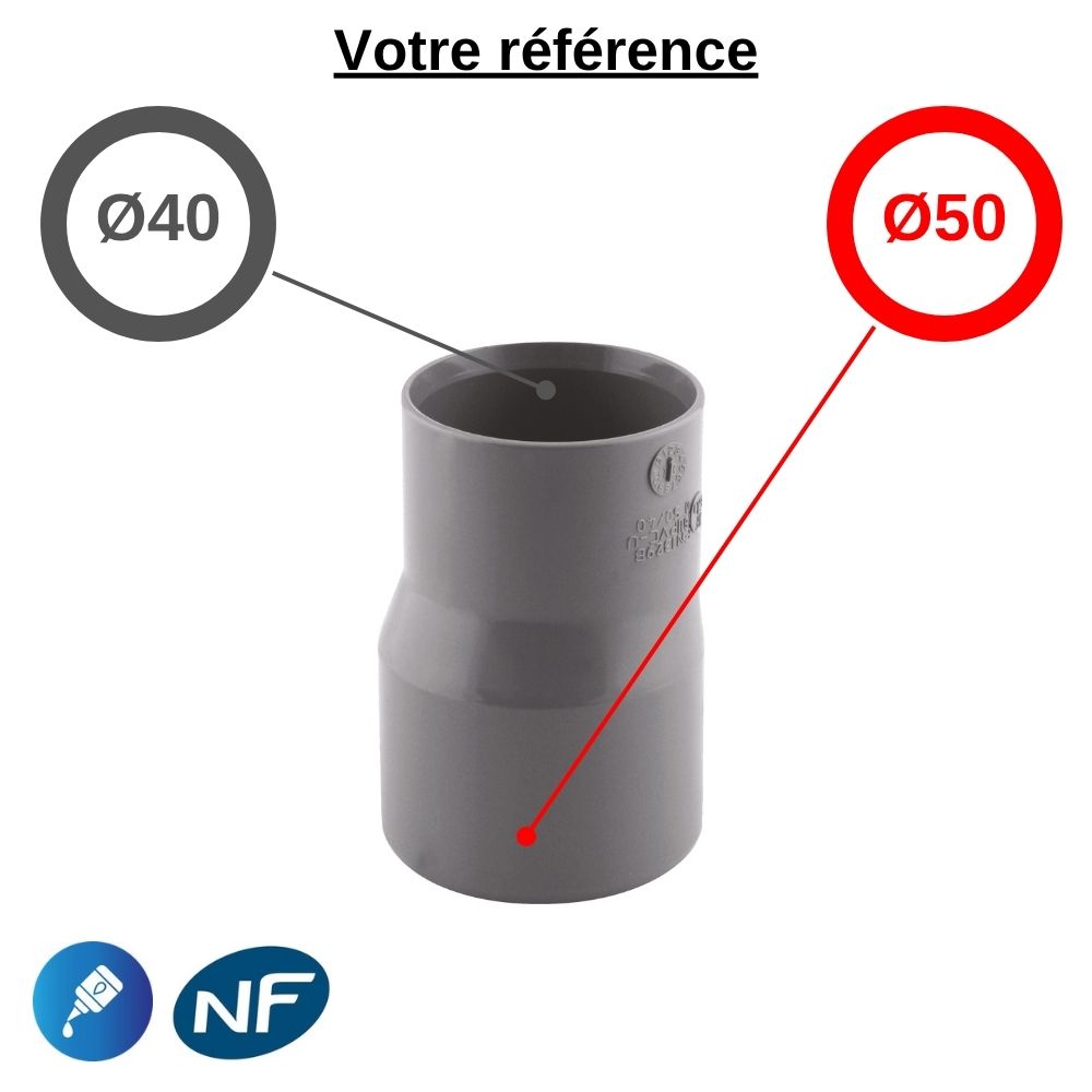 Réduction excentrée PVC à coller, Ø50-40 - mâle-femelle, pour évacuation - Girpi