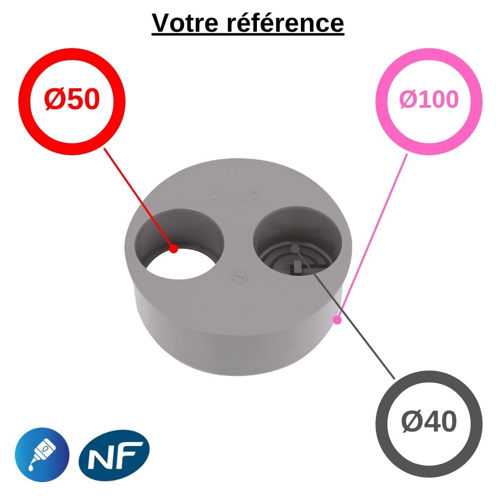Tampon de réduction PVC à coller, Ø100-50-40 - 2 piquages dont 1 operculé, pour évacuation - Girpi