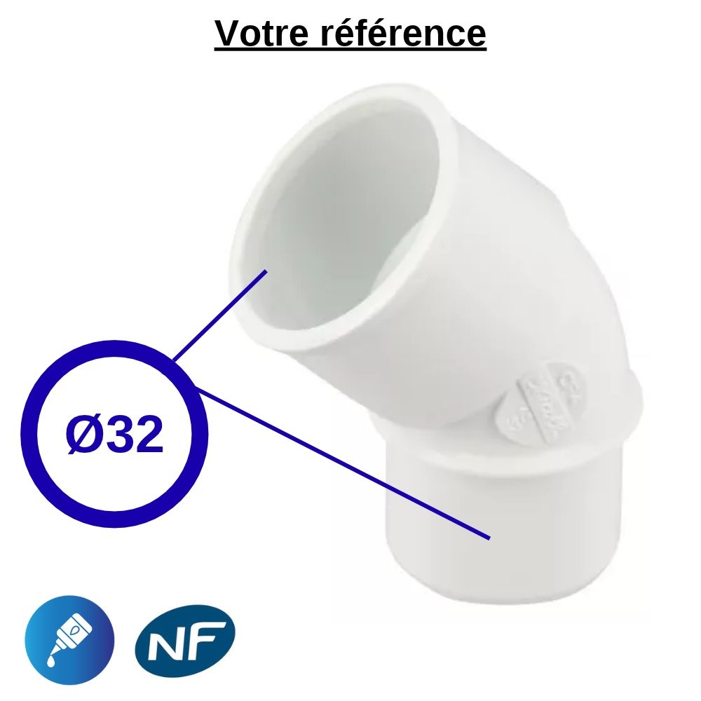 Coude PVC blanc 45° à coller, Ø32 - mâle femelle, pour évacuation - Nicoll