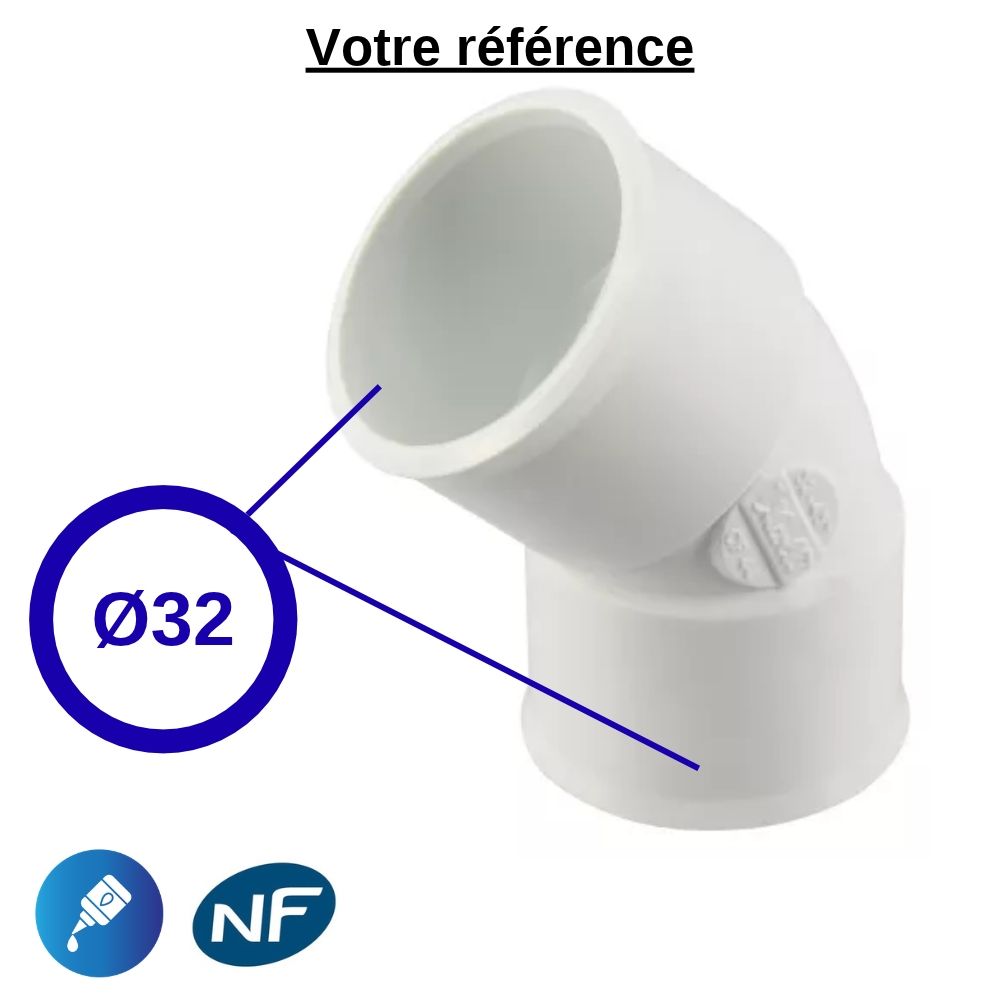 Coude PVC blanc 45° à coller, Ø32 - double femelle, pour évacuation - Nicoll