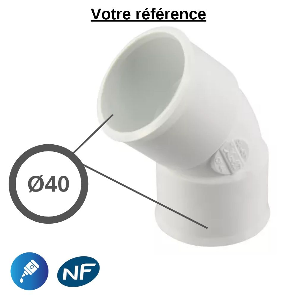 Coude PVC blanc 45° à coller, Ø40 - double femelle, pour évacuation - Nicoll