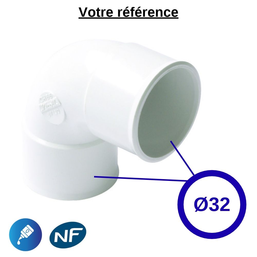Coude PVC blanc 87°30 à coller, Ø32 - double femelle, pour évacuation - Nicoll